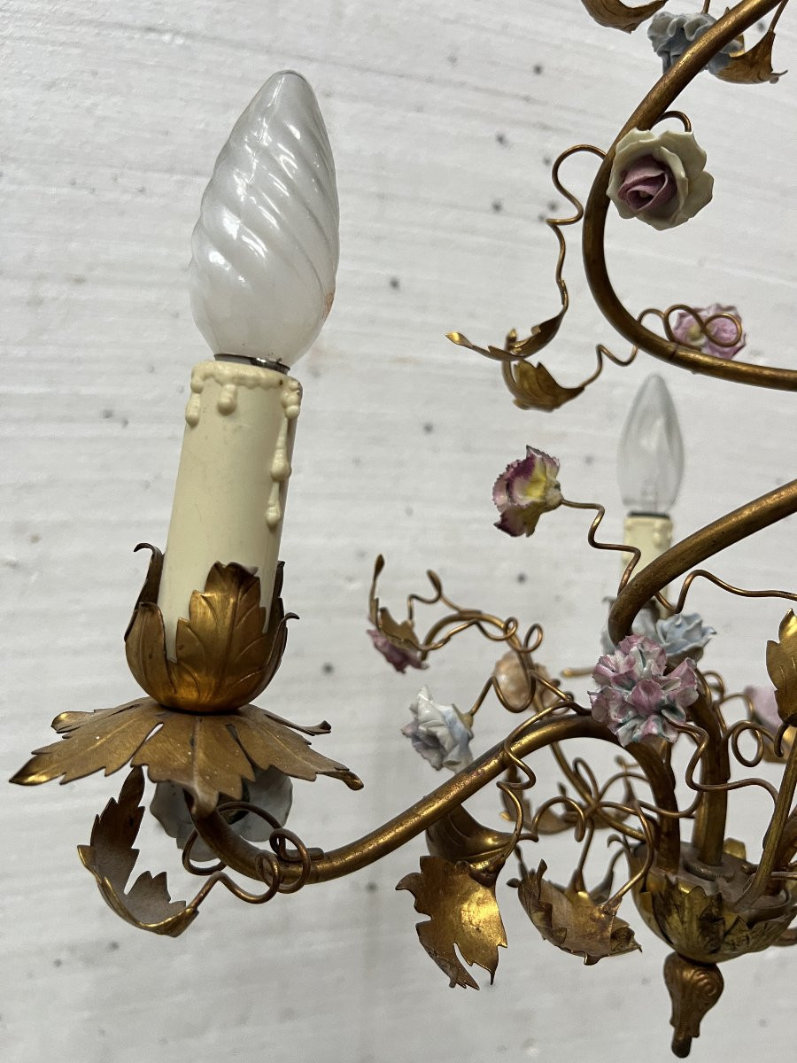 Louis XVI Style Chandelier In Gilded Metal And Porcelain Flowers, 20th Century-photo-5