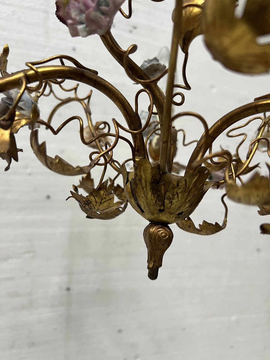 Louis XVI Style Chandelier In Gilded Metal And Porcelain Flowers, 20th Century-photo-6