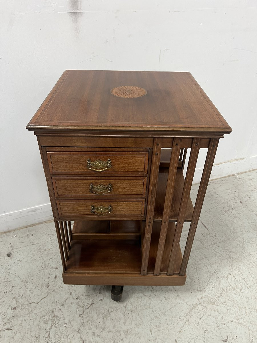 20th Century Mahogany Revolving Bookcase With Marquetry Top-photo-4