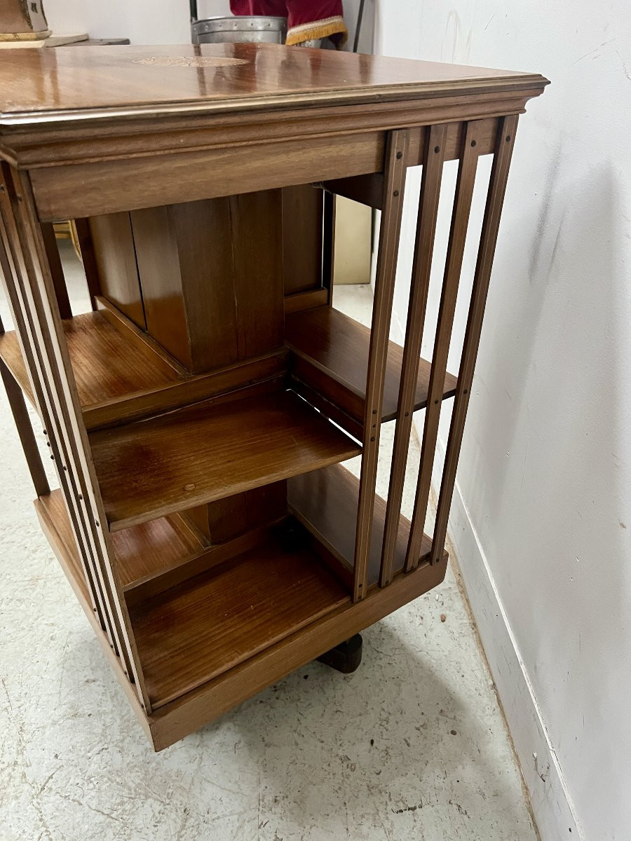 20th Century Mahogany Revolving Bookcase With Marquetry Top-photo-8