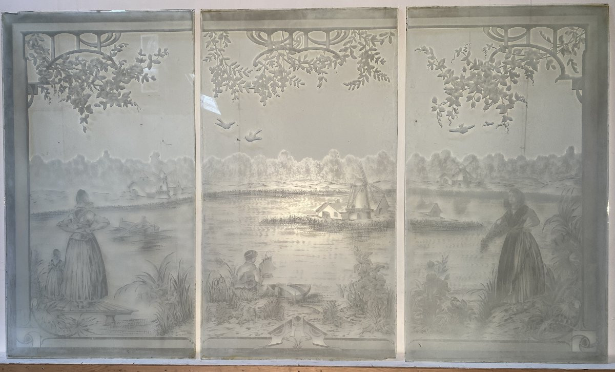 Suite de trois panneaux en verre gravé XX siècle-photo-2