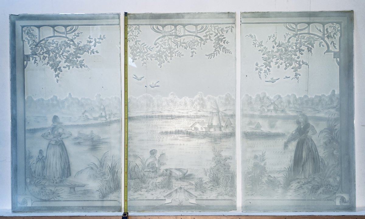 Suite de trois panneaux en verre gravé XX siècle-photo-3