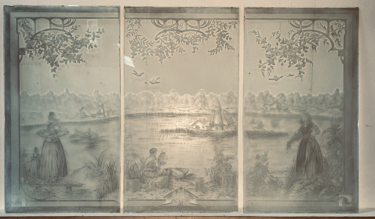 Suite de trois panneaux en verre gravé XX siècle-photo-4