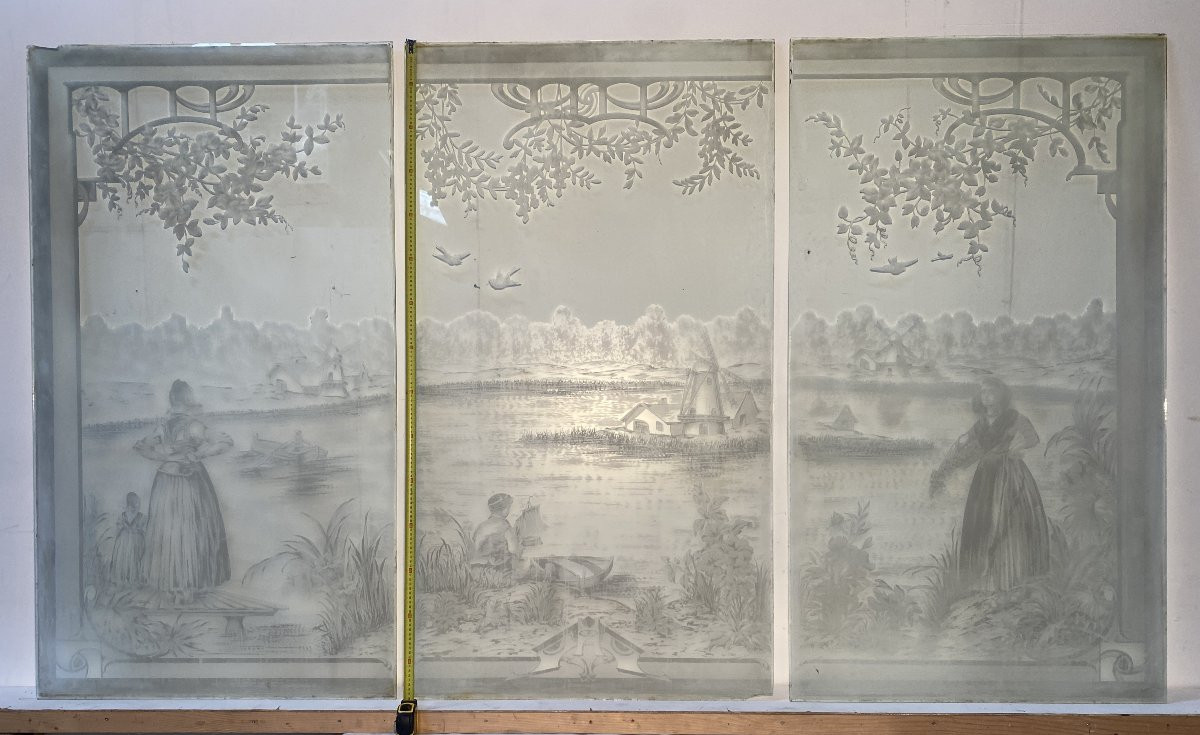 Suite de trois panneaux en verre gravé XX siècle-photo-1
