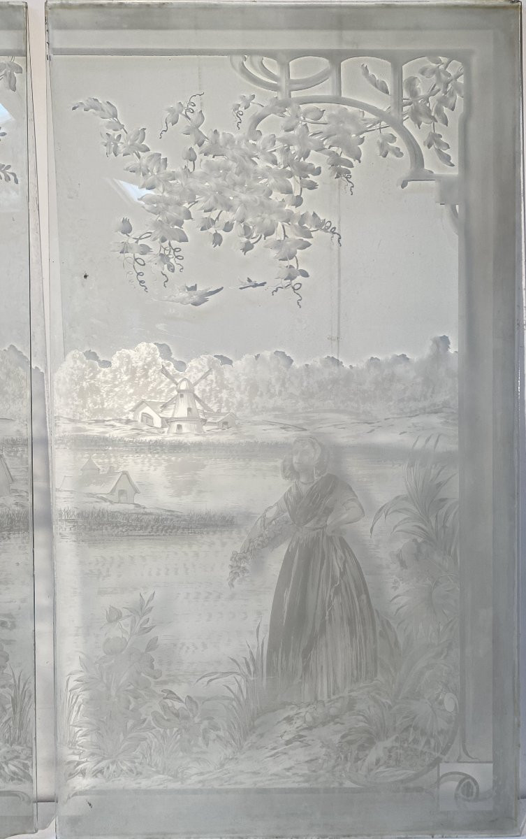 Suite de trois panneaux en verre gravé XX siècle-photo-2