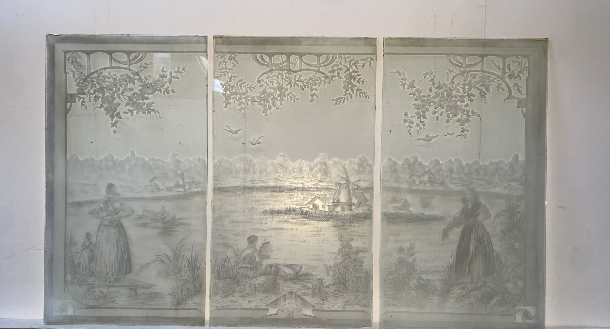 Suite de trois panneaux en verre gravé XX siècle-photo-4