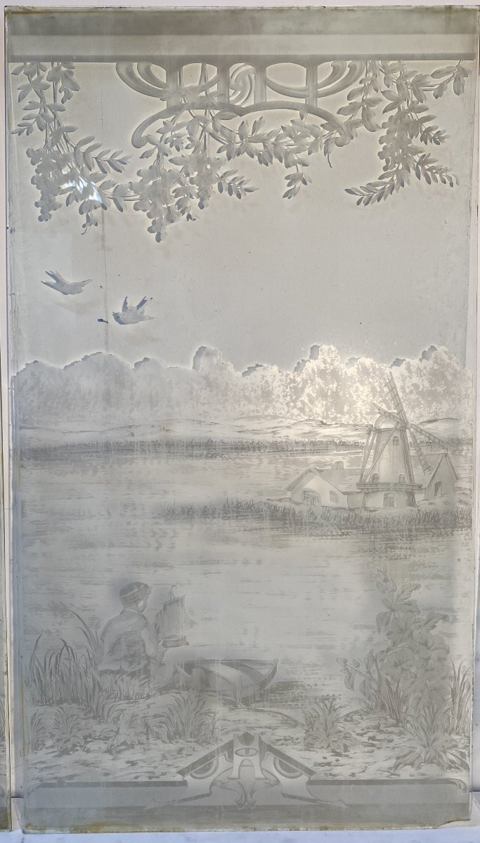 Suite de trois panneaux en verre gravé XX siècle-photo-6