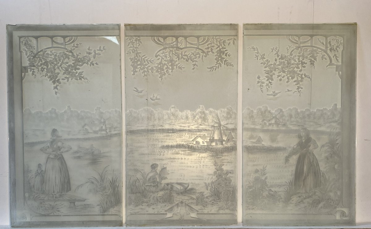 Suite de trois panneaux en verre gravé XX siècle-photo-7