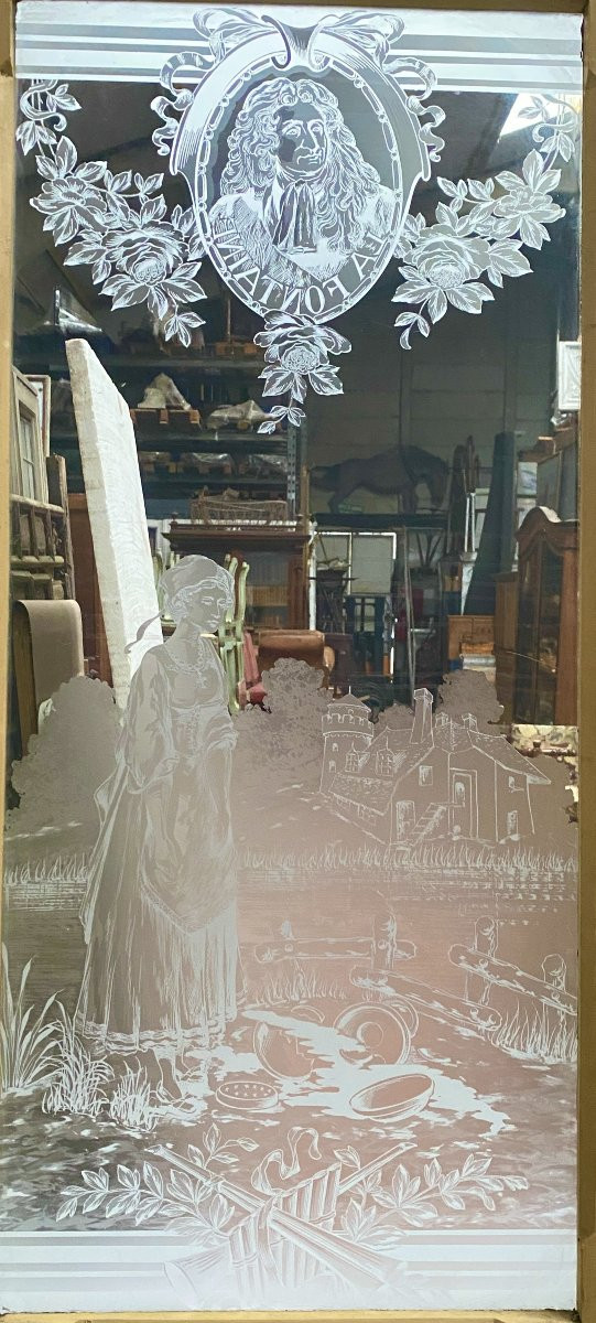 Suite de trois portes de séparation Art nouveau en bois et verre gravé XX siècle-photo-3