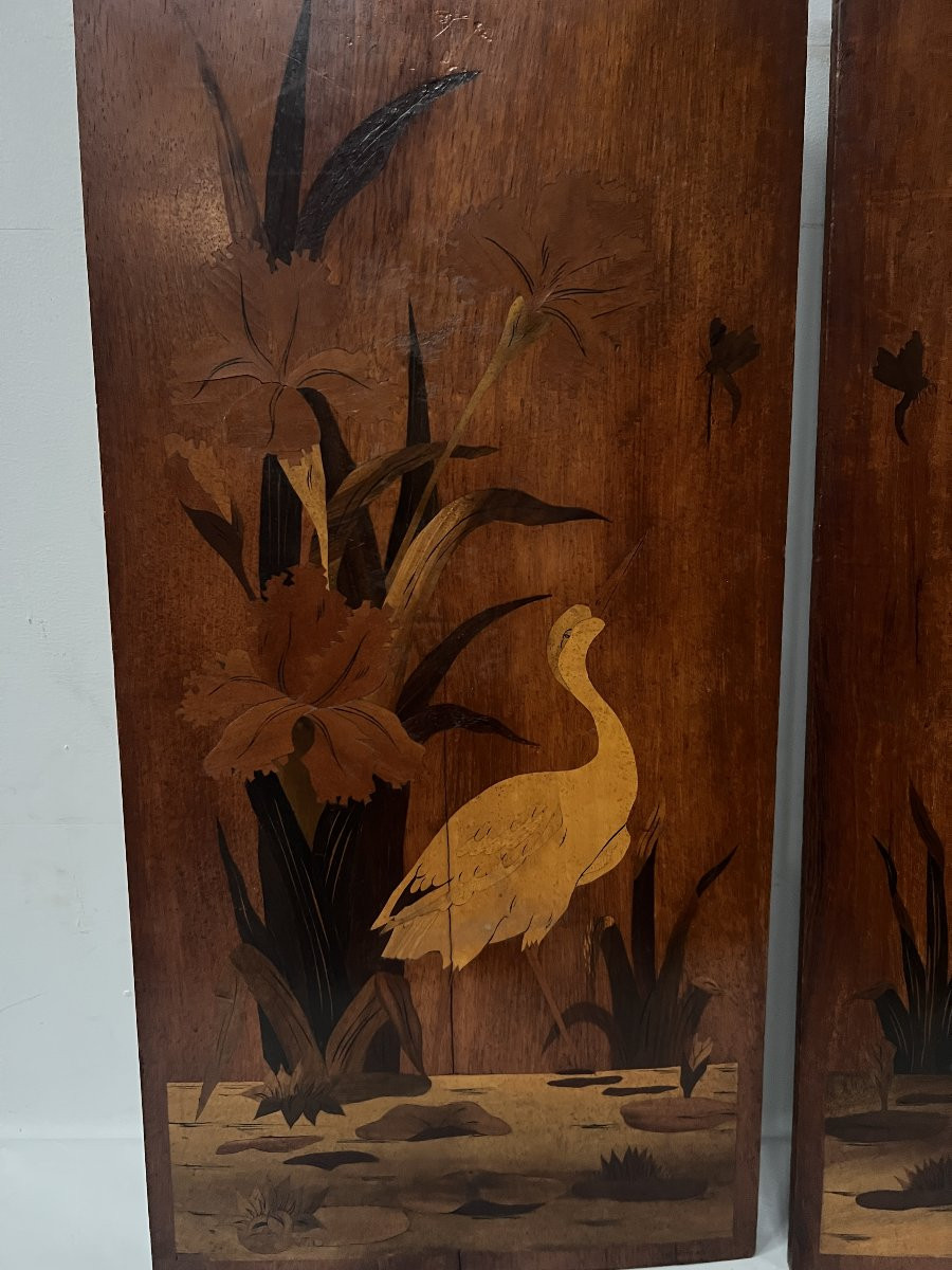 Pair Of Art Nouveau Marquetry Panels, "ecole De Nancy" Style, 20th Century-photo-2