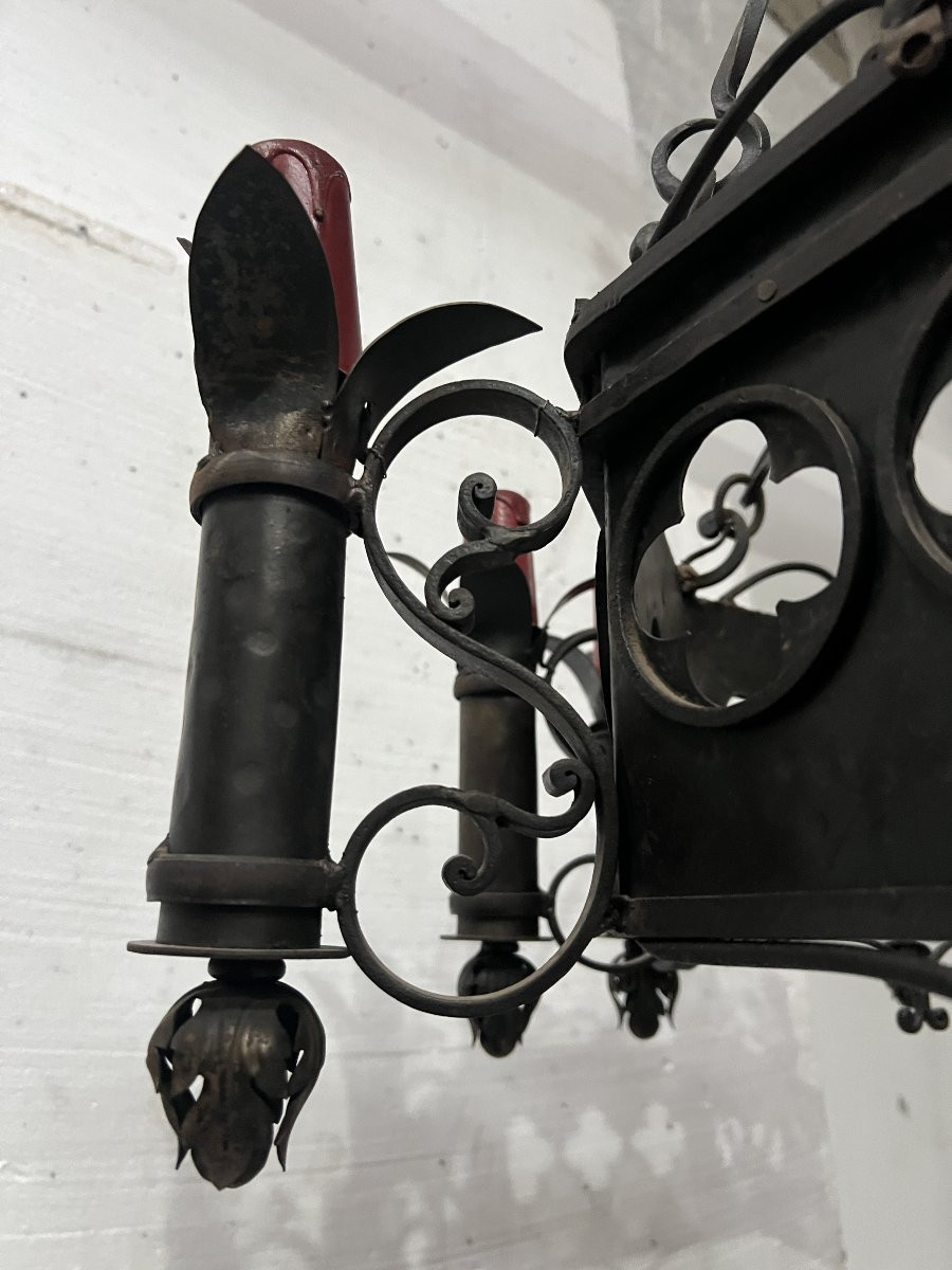 Lustre de style Renaissance en fer forgé martelé XX siècle-photo-6