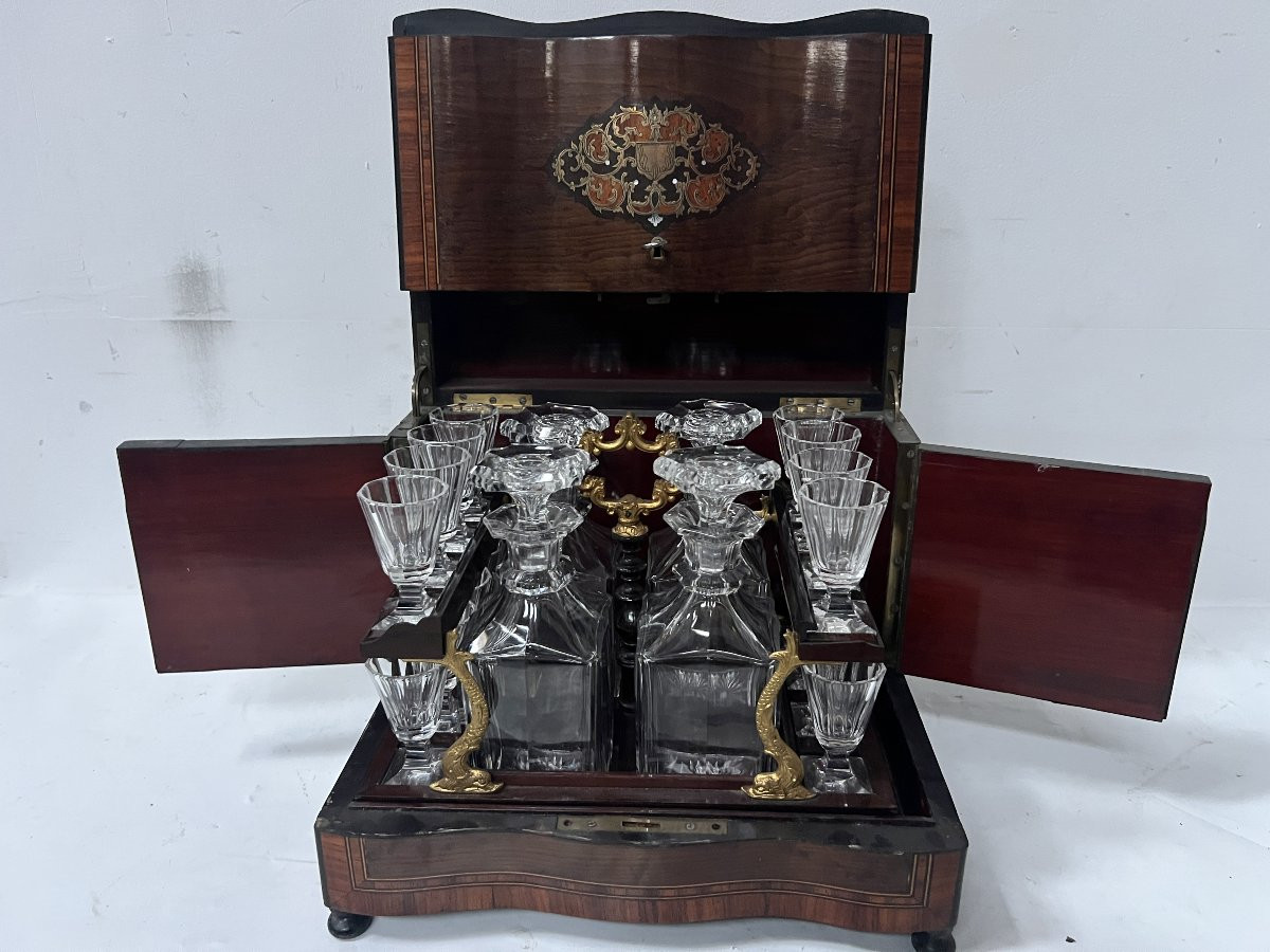 Cave A Liqueur Complète Boulle Coffret Napoléon III Boite Marqueterie XIX Siècle-photo-2