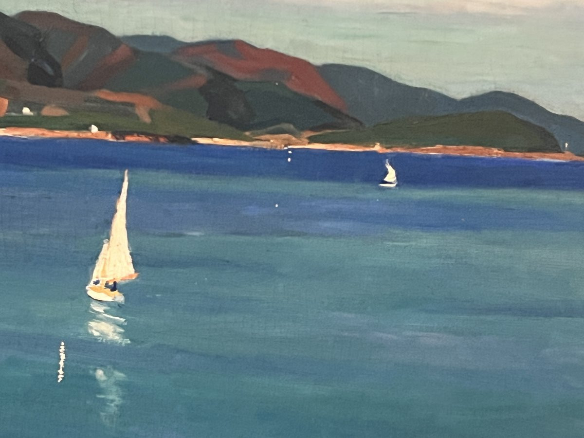 "view Of Aguay Bay" Oil On Canvas By Edmond Astruc, 20th Century-photo-3