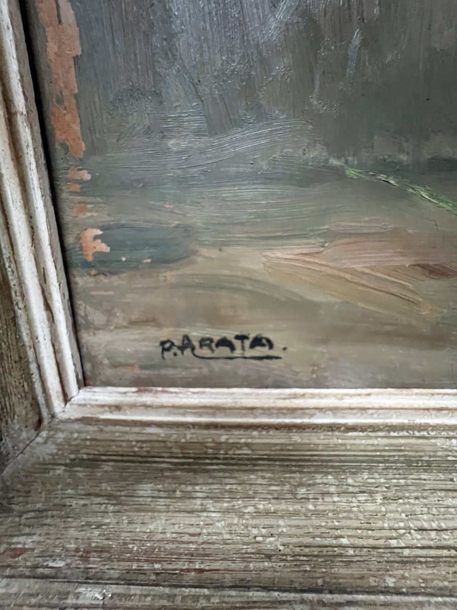 Oil On Hardboard “the Bouquet Of Gladioli” Signed P. Arata 20th Century-photo-3