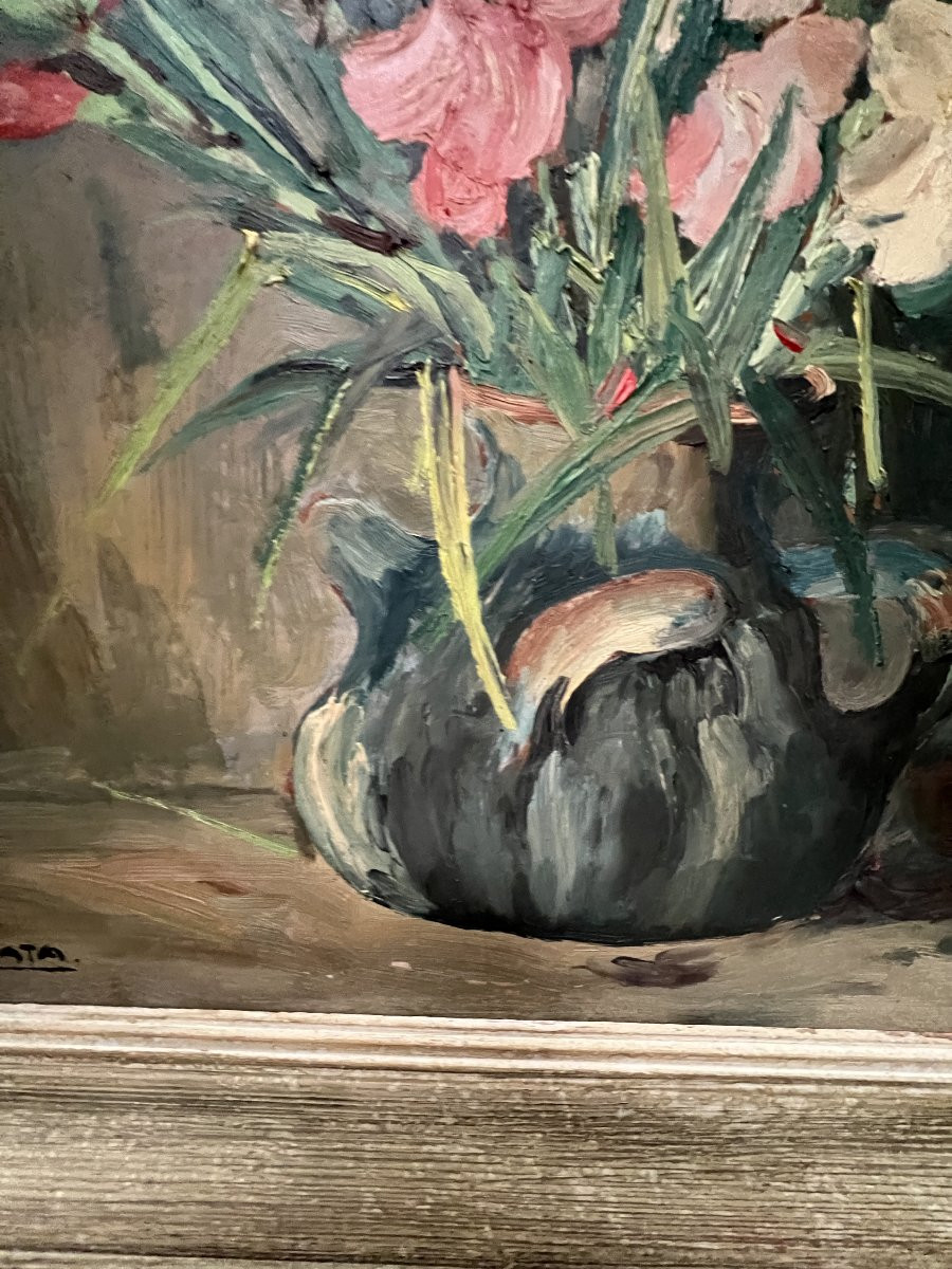 Oil On Hardboard “the Bouquet Of Gladioli” Signed P. Arata 20th Century-photo-4