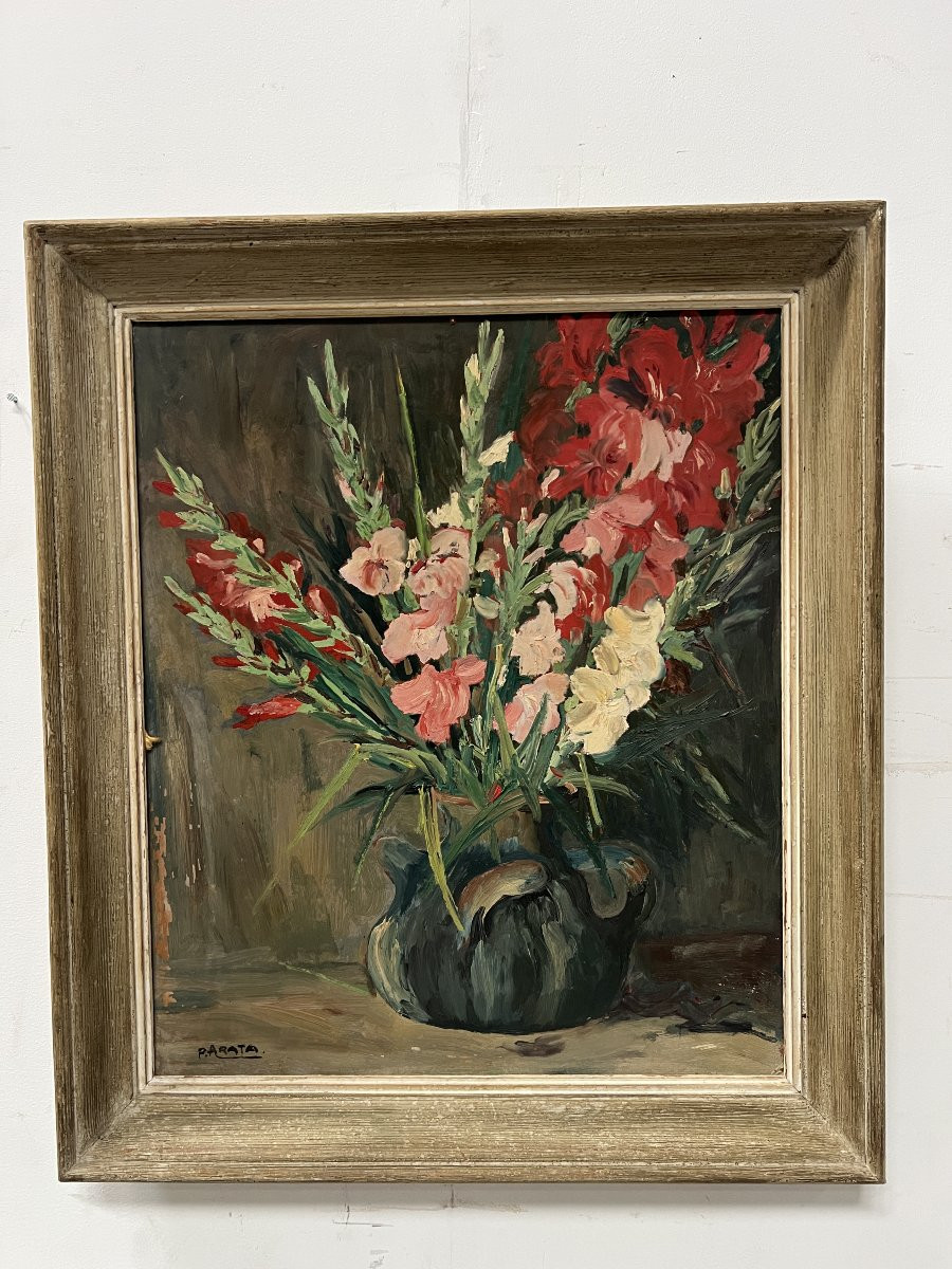 Oil On Hardboard “the Bouquet Of Gladioli” Signed P. Arata 20th Century-photo-1