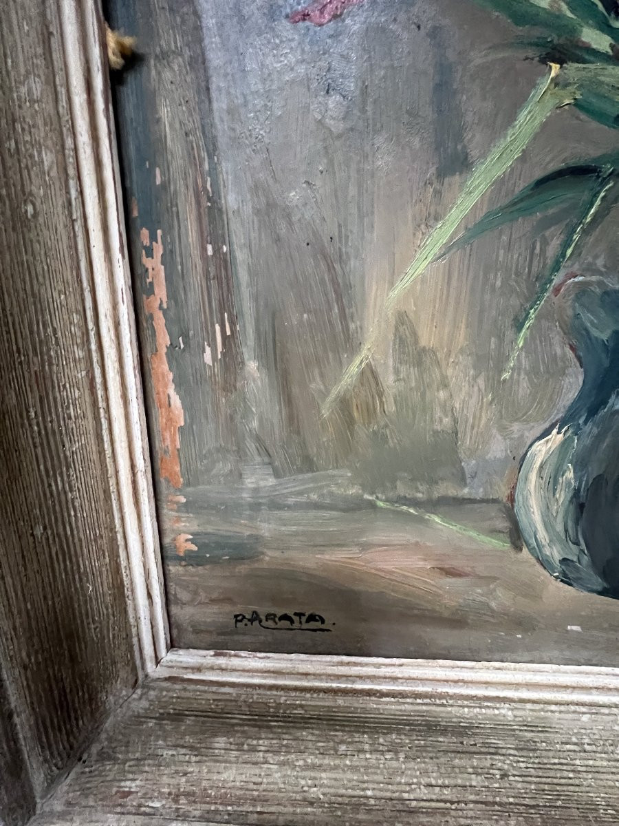 Oil On Hardboard “the Bouquet Of Gladioli” Signed P. Arata 20th Century-photo-3