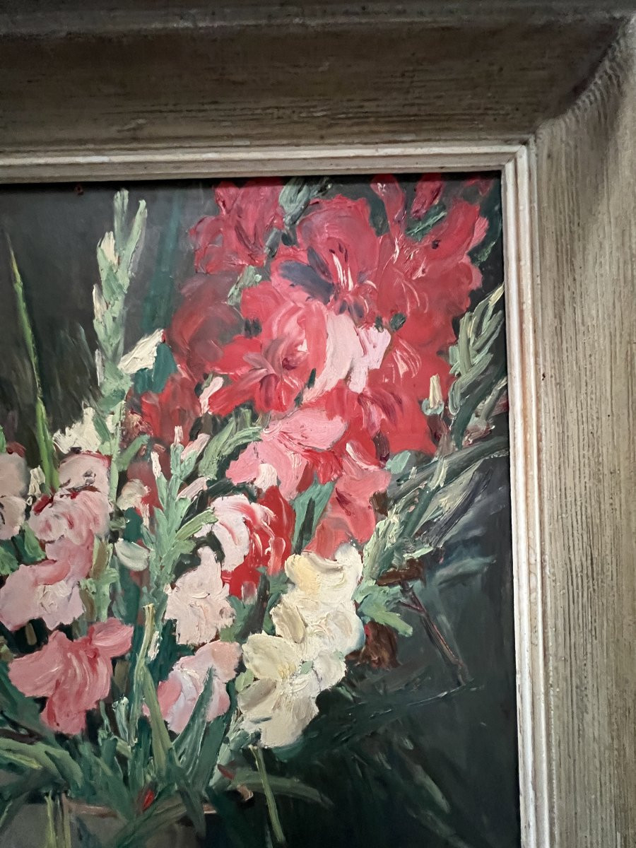 Oil On Hardboard “the Bouquet Of Gladioli” Signed P. Arata 20th Century-photo-5