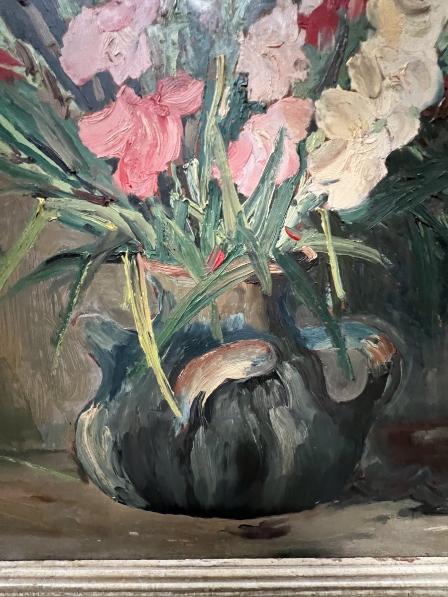 Oil On Hardboard “the Bouquet Of Gladioli” Signed P. Arata 20th Century-photo-7