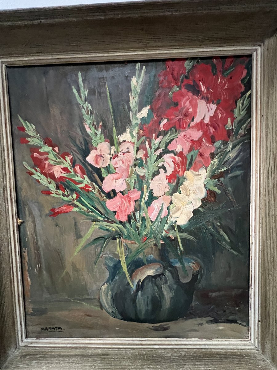 Oil On Hardboard “the Bouquet Of Gladioli” Signed P. Arata 20th Century-photo-8
