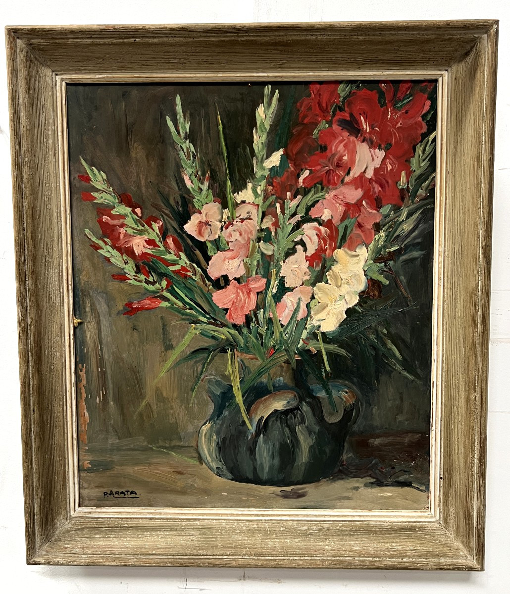 Oil On Hardboard “the Bouquet Of Gladioli” Signed P. Arata 20th Century