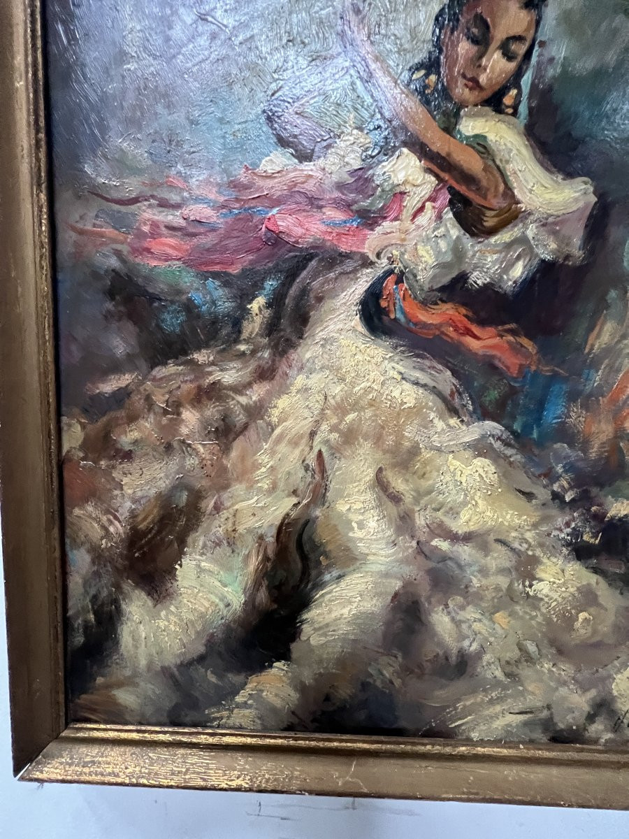 Oil On Hardboard "the Flamenco Dancer" 20th Century-photo-1