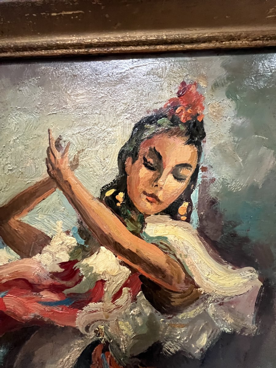 Oil On Hardboard "the Flamenco Dancer" 20th Century-photo-2