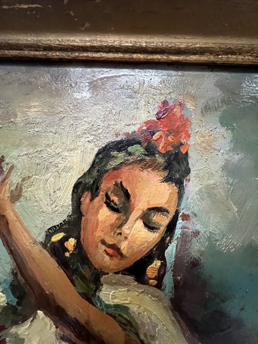 Oil On Hardboard "the Flamenco Dancer" 20th Century-photo-5