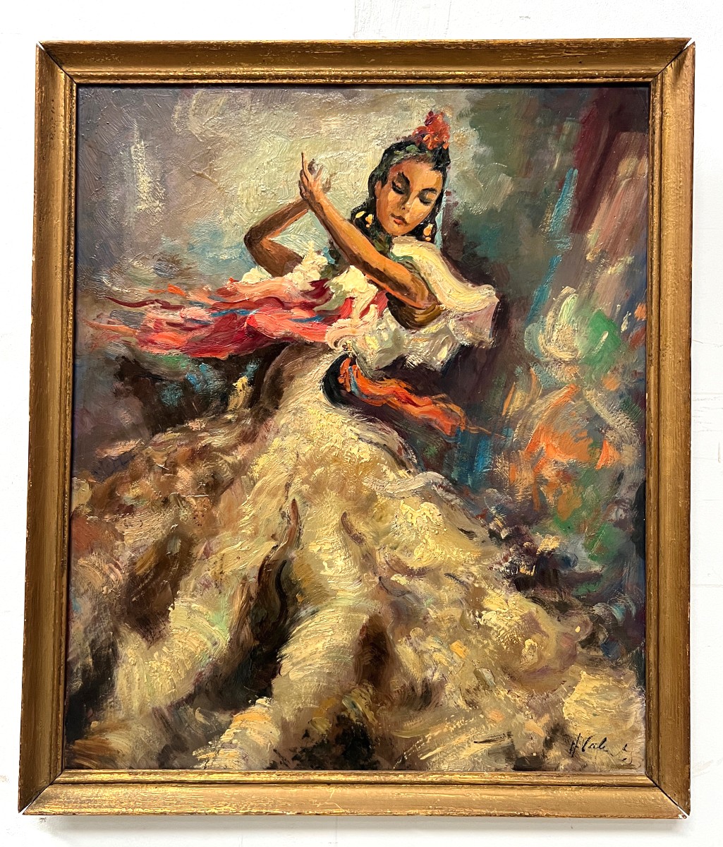 Oil On Hardboard "the Flamenco Dancer" 20th Century