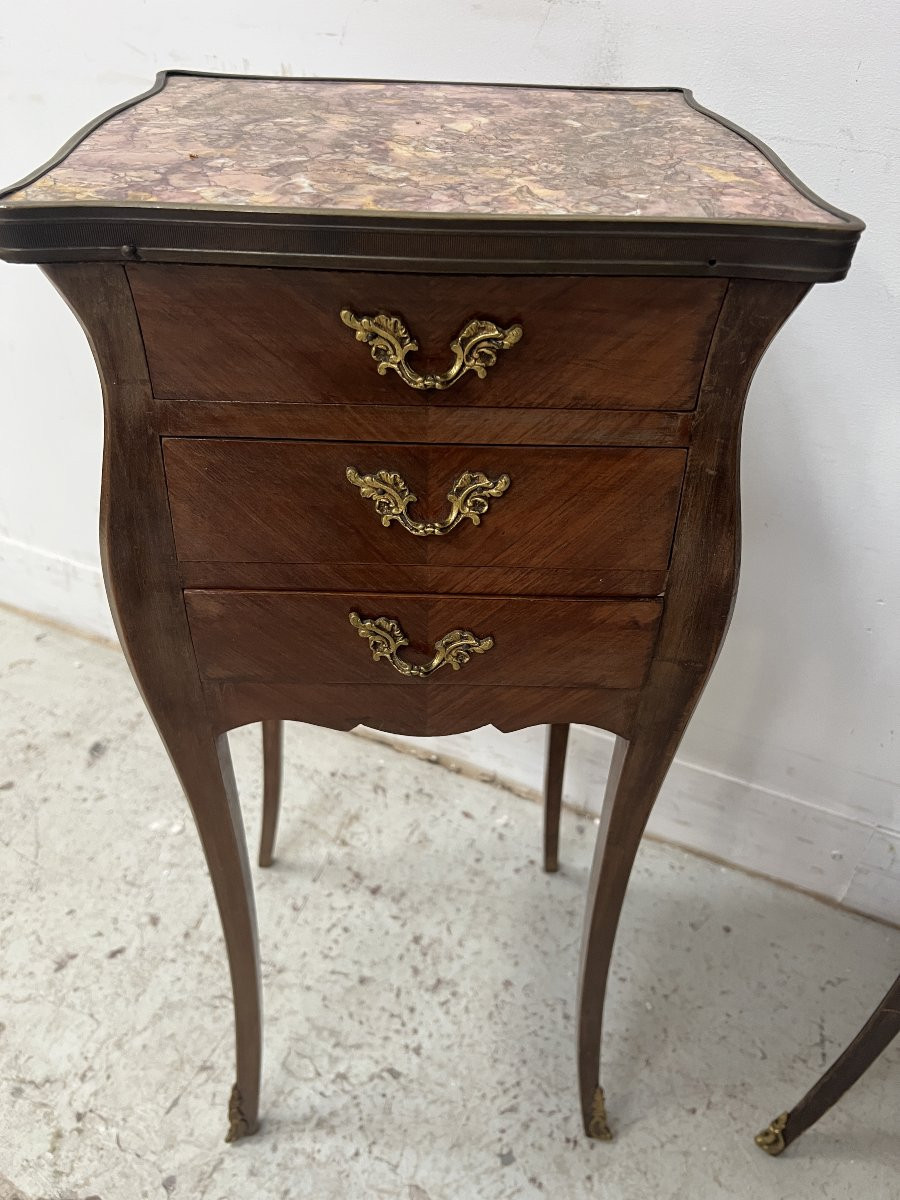 Pair Of Small Louis XV Style Marquetry Commodes With Marble Tops, 20th Century-photo-2
