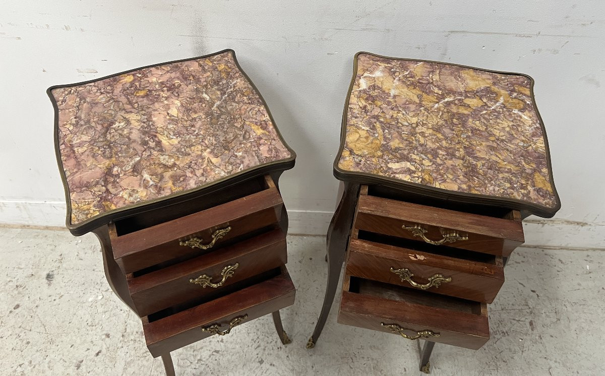 Pair Of Small Louis XV Style Marquetry Commodes With Marble Tops, 20th Century-photo-1