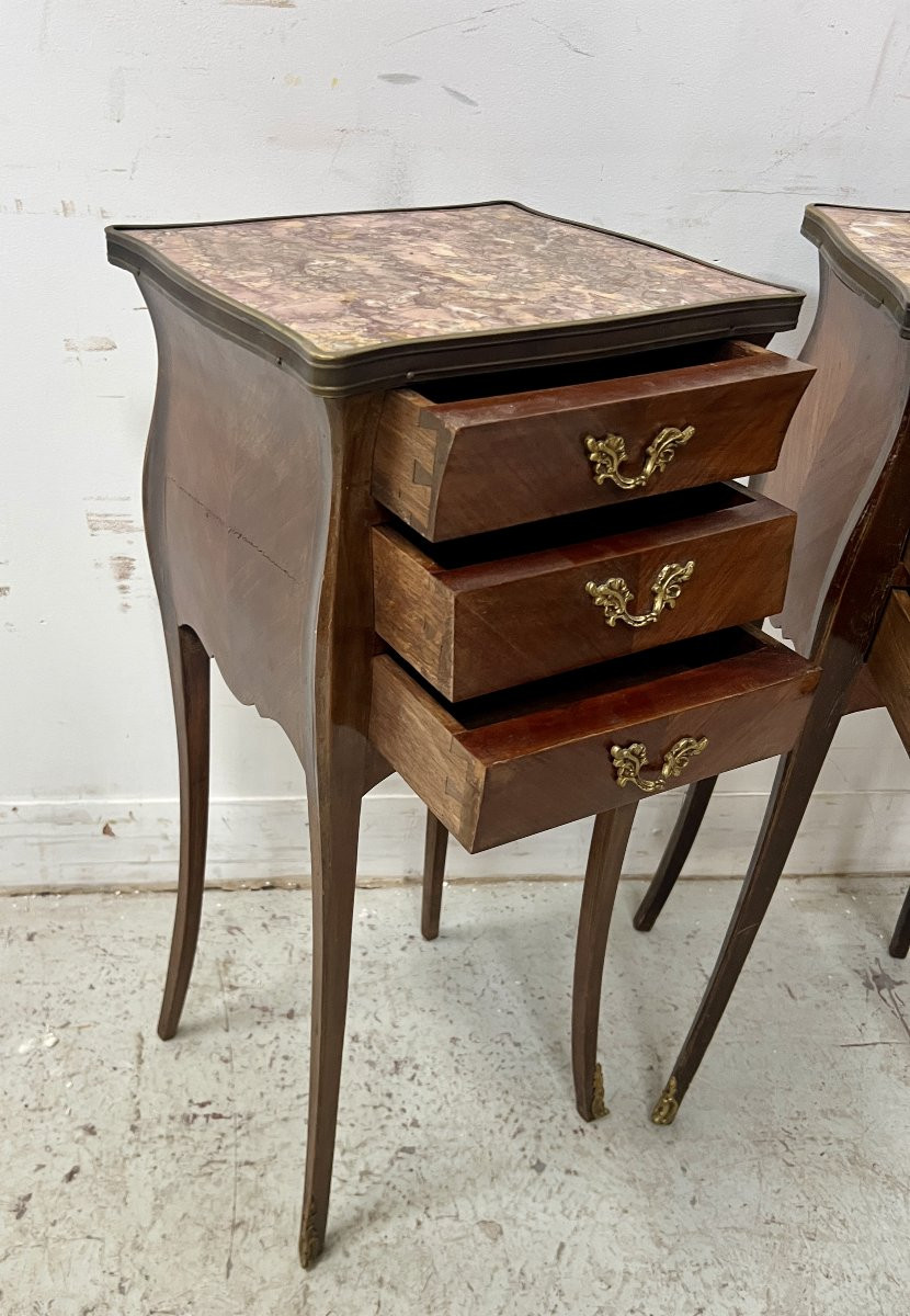 Pair Of Small Louis XV Style Marquetry Commodes With Marble Tops, 20th Century-photo-2