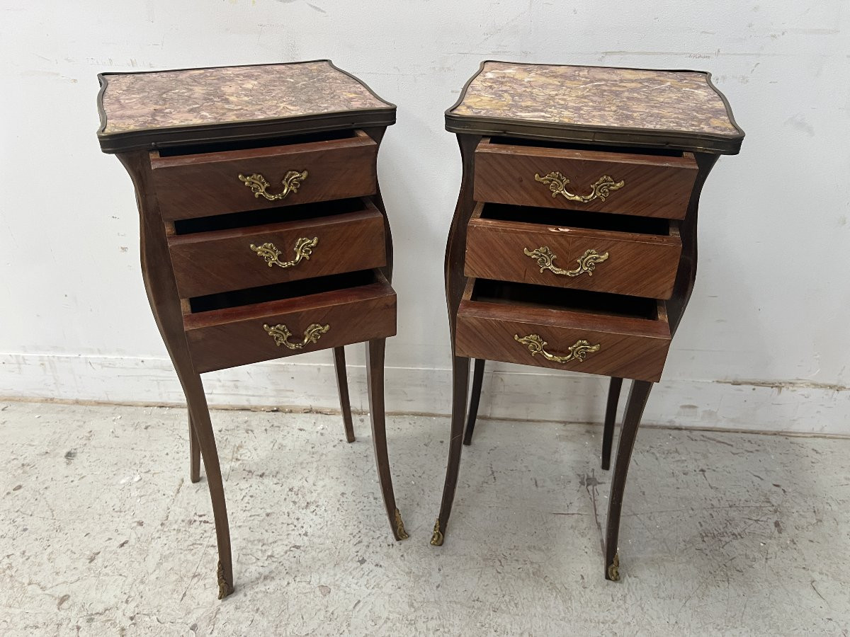 Pair Of Small Louis XV Style Marquetry Commodes With Marble Tops, 20th Century-photo-3
