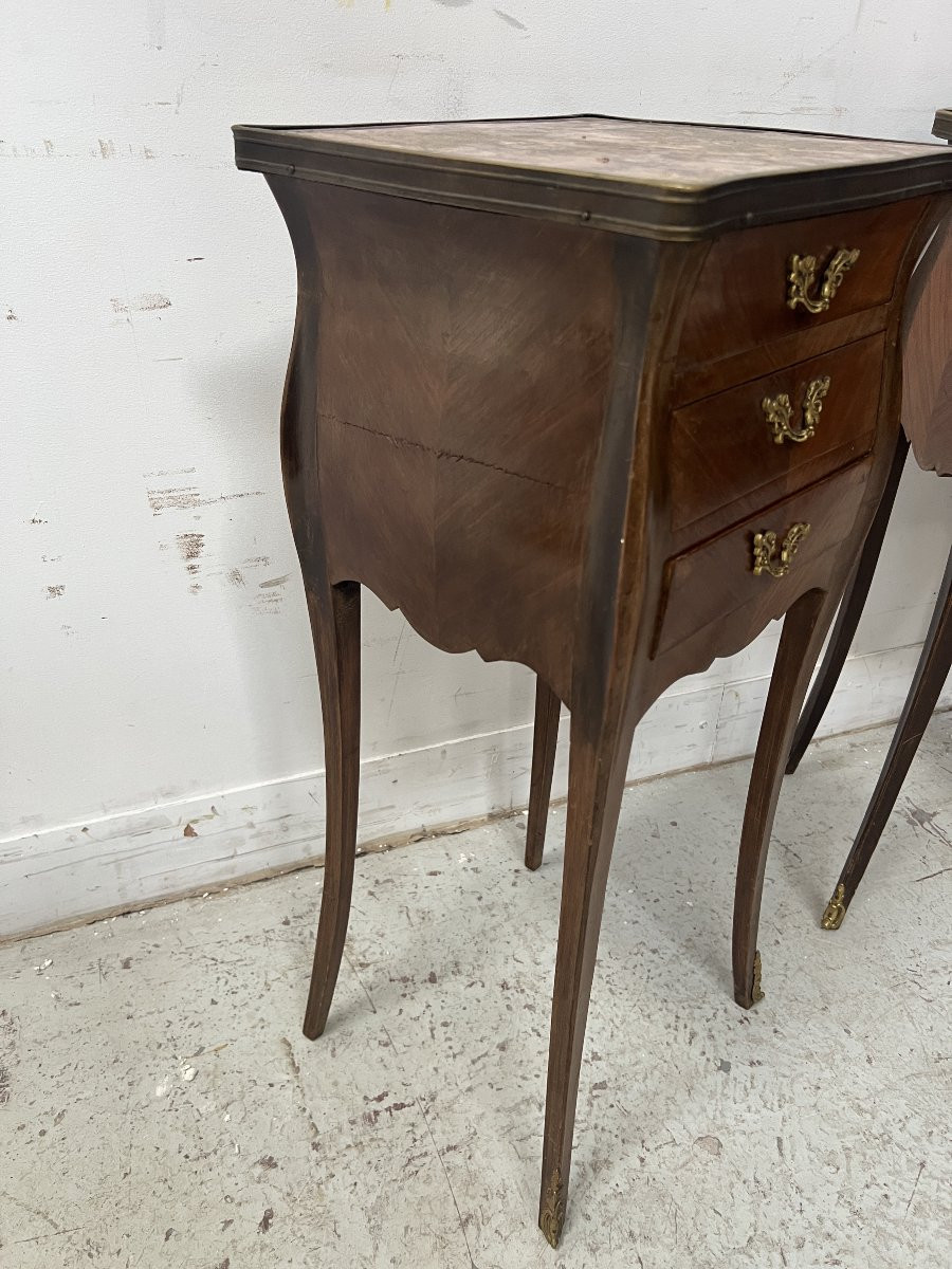 Pair Of Small Louis XV Style Marquetry Commodes With Marble Tops, 20th Century-photo-7