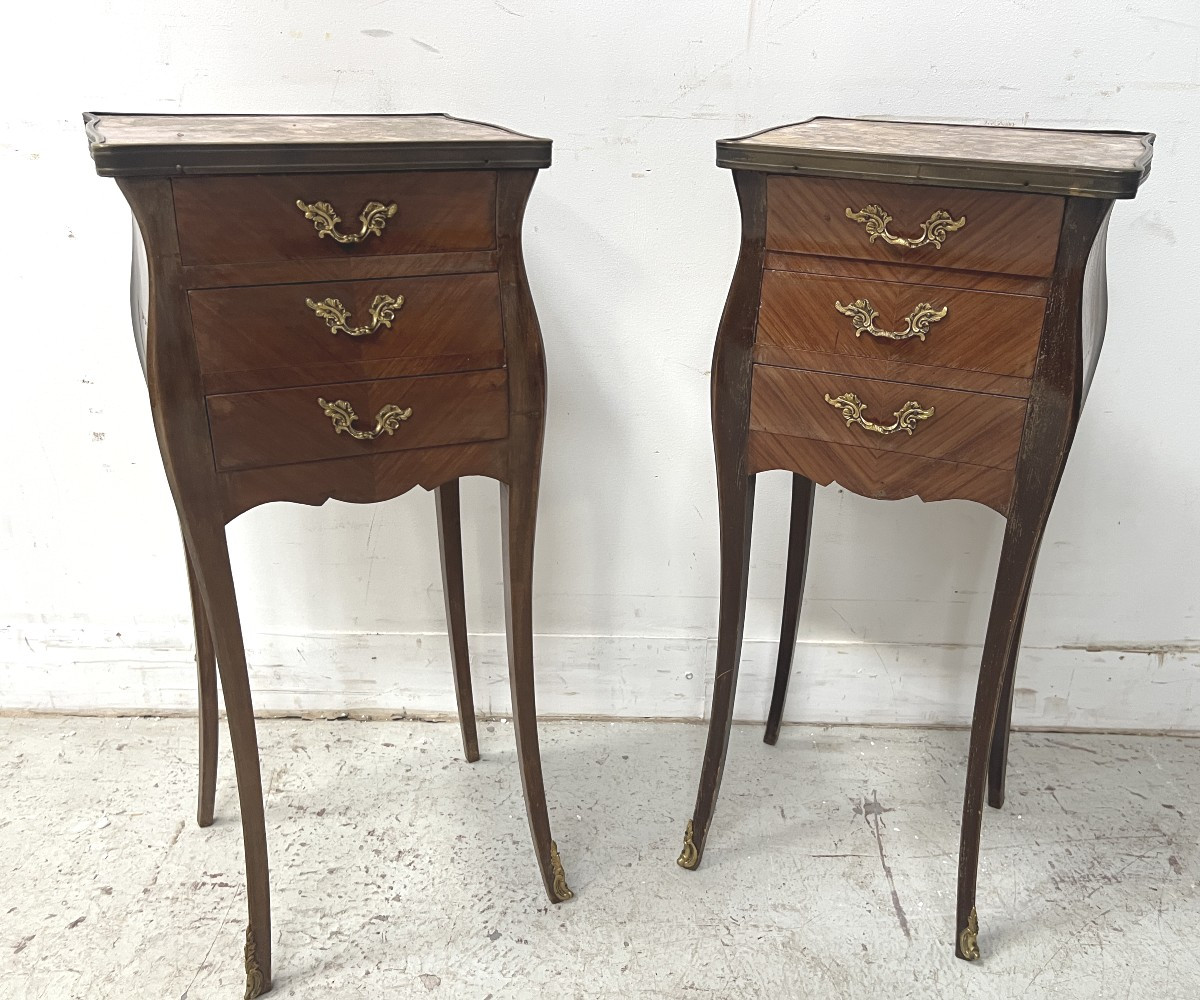 Pair Of Small Louis XV Style Marquetry Commodes With Marble Tops, 20th Century