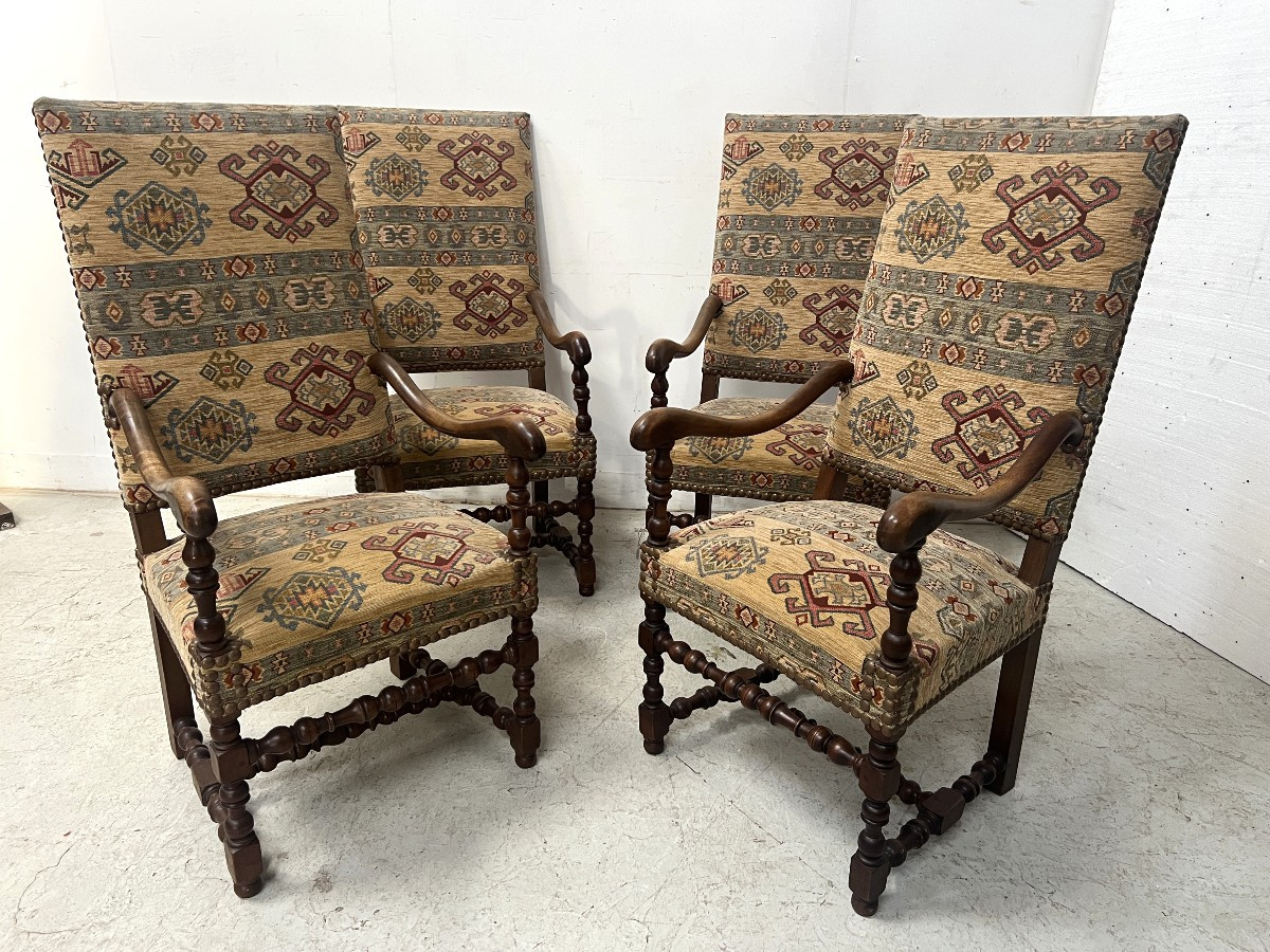 Set Of Four Louis XIII Style Armchairs With High Backs, 20th Century