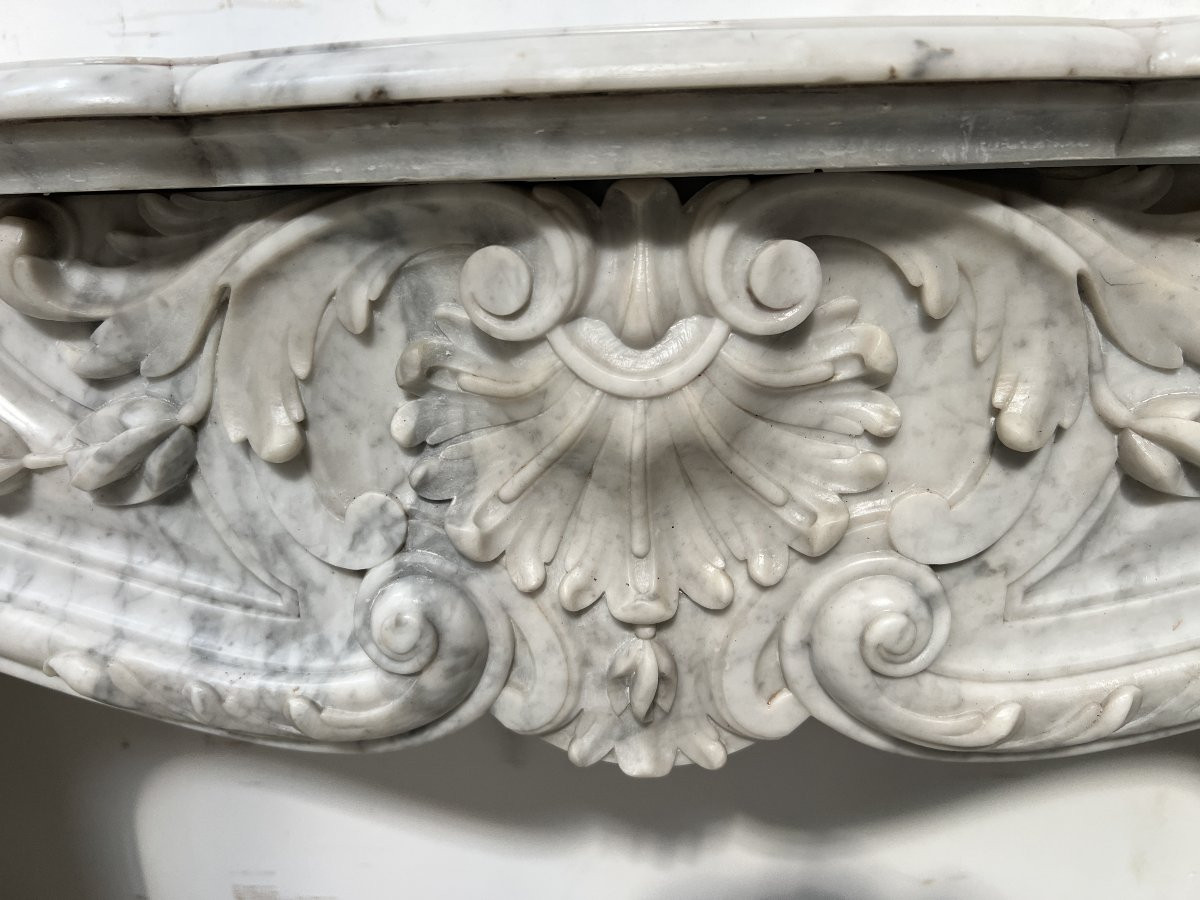 Louis XV Style Fireplace In White Carrara Marble, 19th Century-photo-8