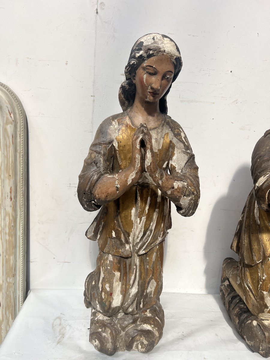 Pair Of Adoring Angels In Carved Polychrome And Gilded Wood 18th Century-photo-3