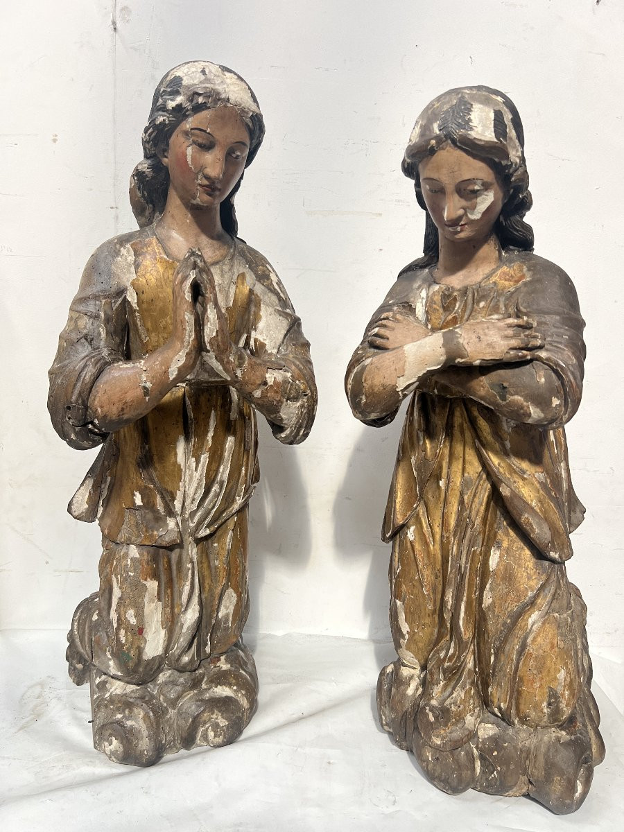 Pair Of Adoring Angels In Carved Polychrome And Gilded Wood 18th Century-photo-7