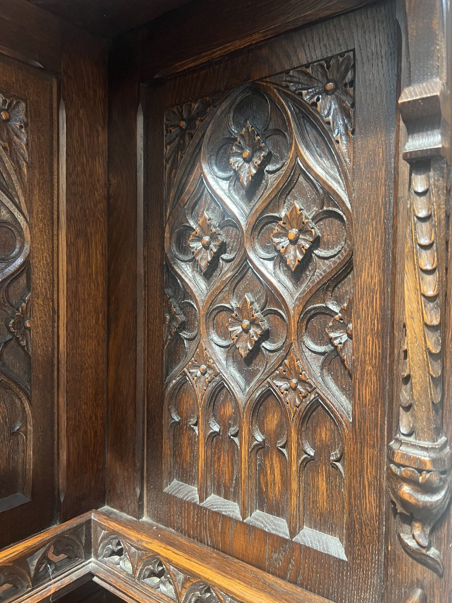 Gothic-style Sideboard In Solid Oak XX Century-photo-3