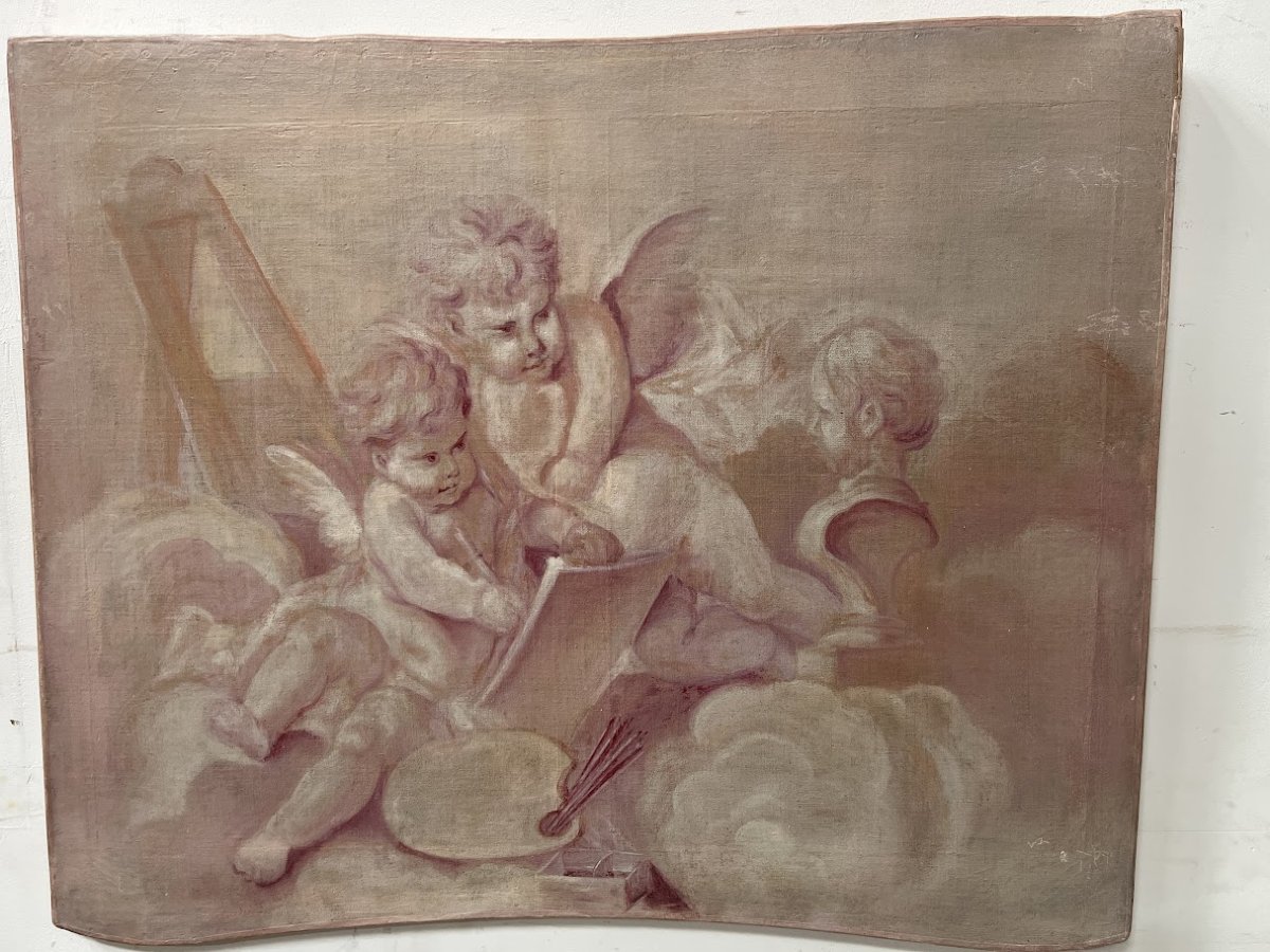 Paire d'huile sur toile a décor de putti XIX siècle-photo-2