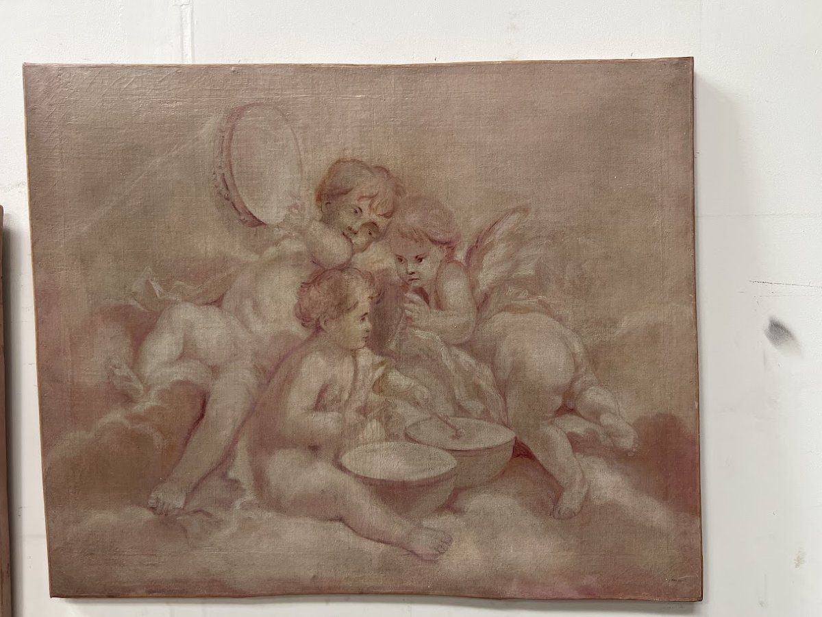 Paire d'huile sur toile a décor de putti XIX siècle-photo-3