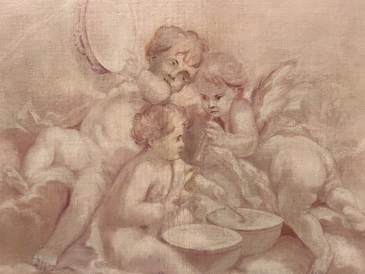 Paire d'huile sur toile a décor de putti XIX siècle-photo-4