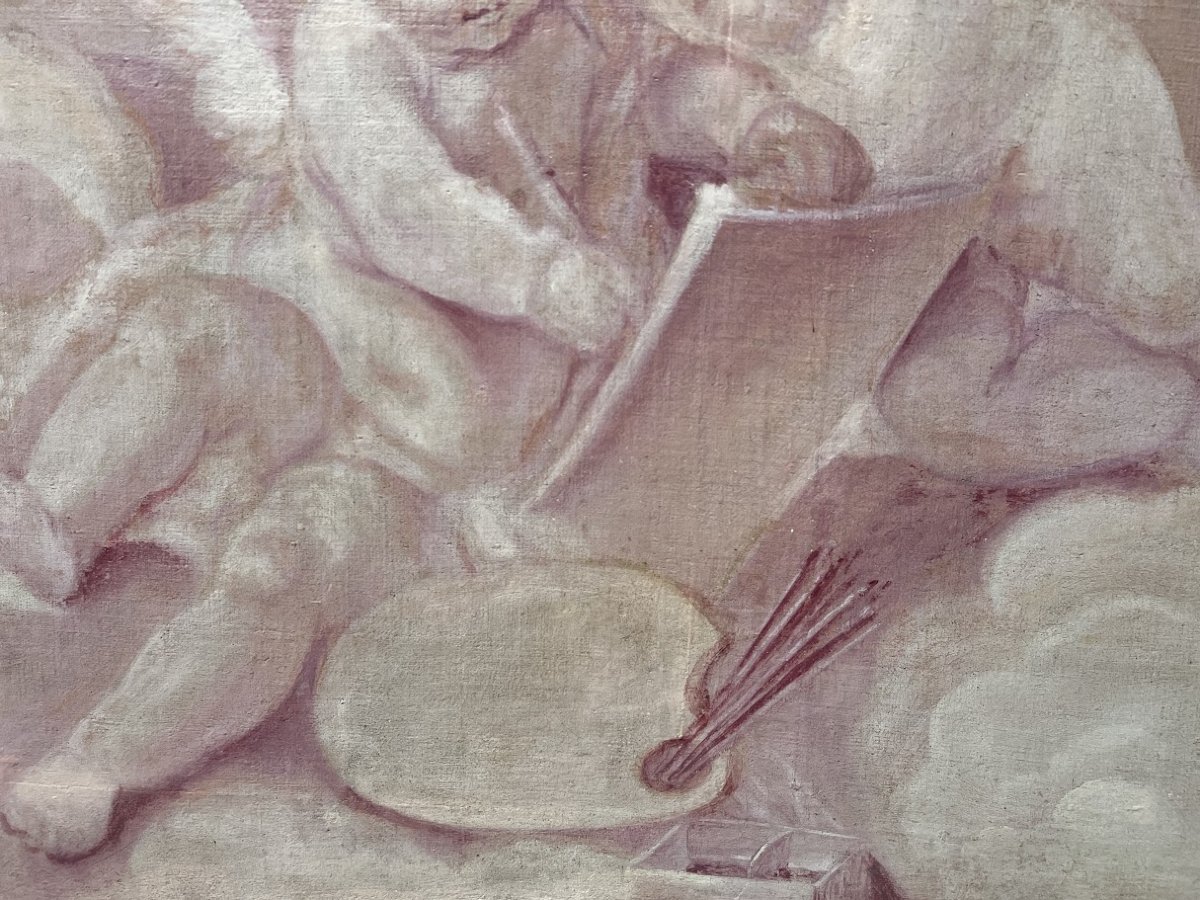 Paire d'huile sur toile a décor de putti XIX siècle-photo-4