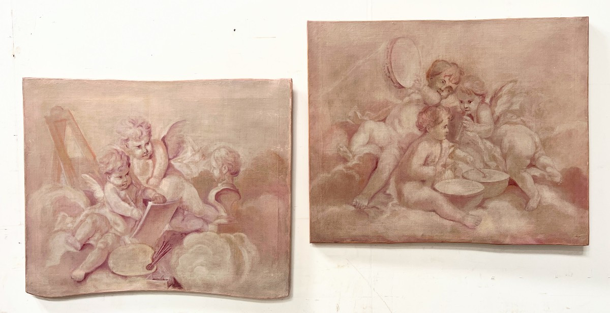 Paire d'huile sur toile a décor de putti XIX siècle