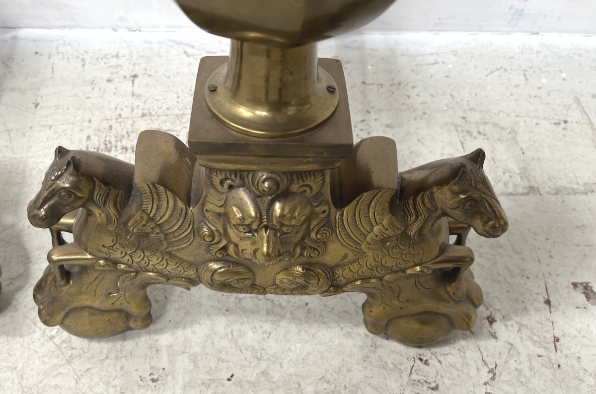 Pair Of Brass Log-holder Andirons, 20th Century-photo-2