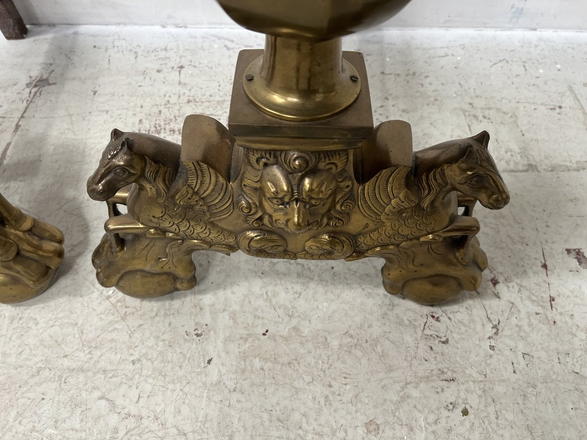 Pair Of Brass Log-holder Andirons, 20th Century-photo-1