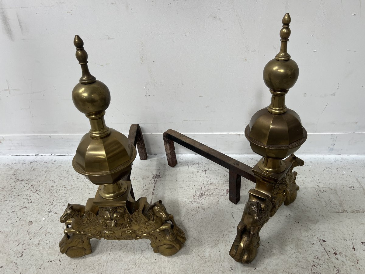 Pair Of Brass Log-holder Andirons, 20th Century-photo-4