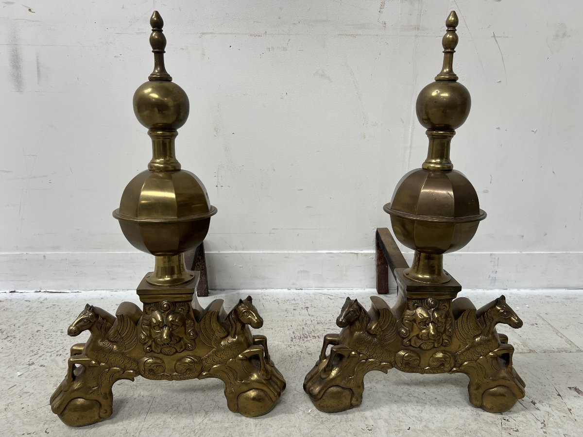 Pair Of Brass Log-holder Andirons, 20th Century-photo-5