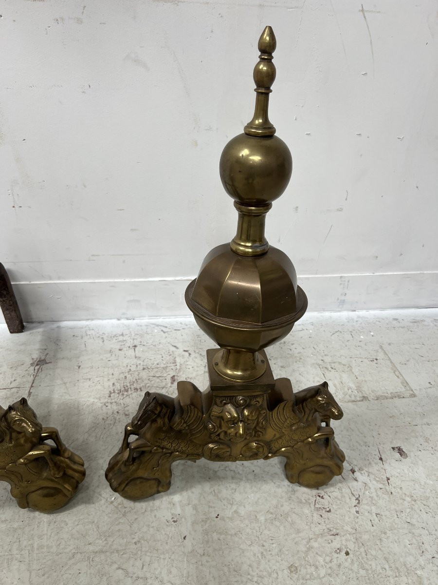 Pair Of Brass Log-holder Andirons, 20th Century-photo-7